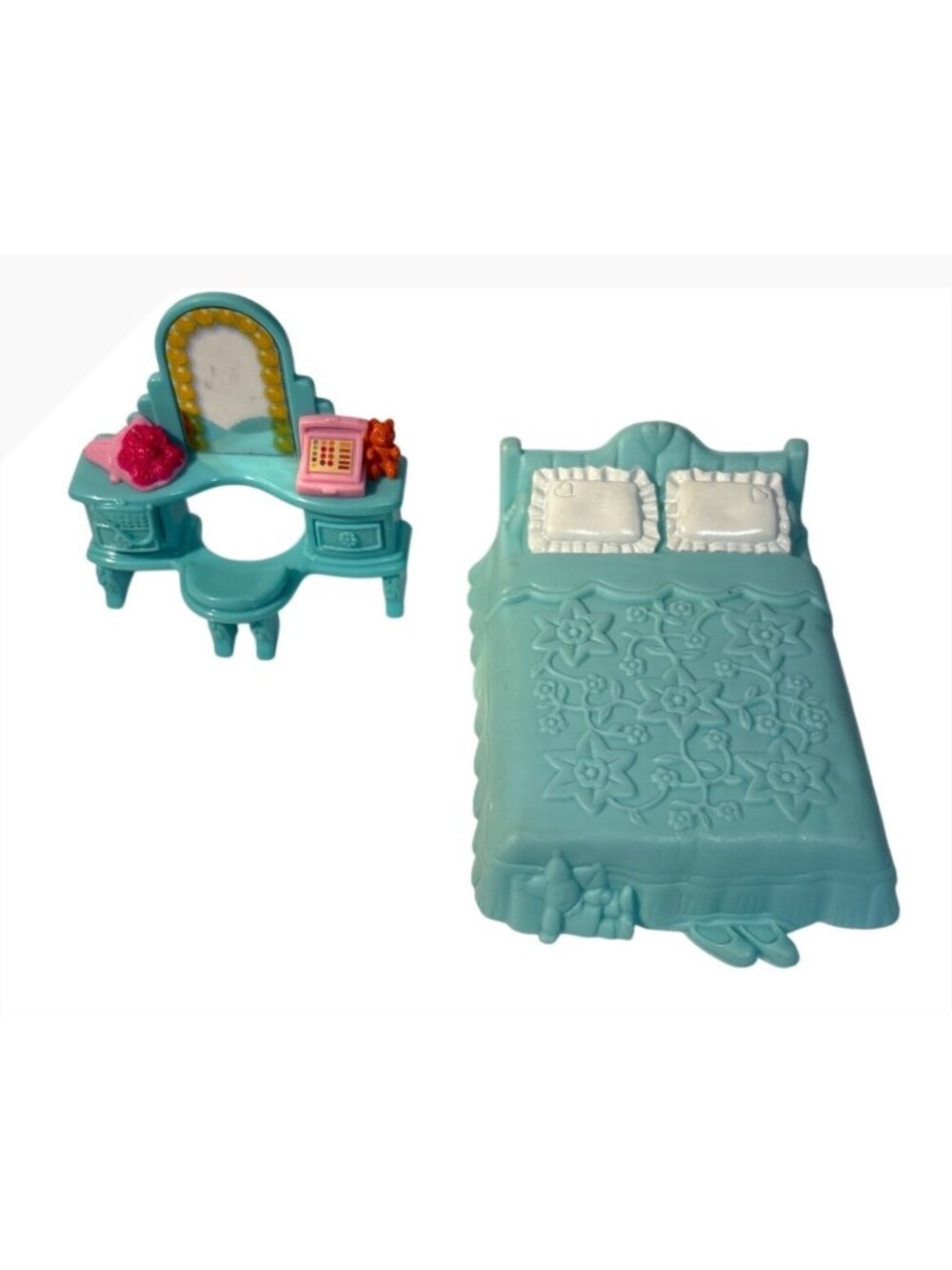 Fisher-Price Sweet Street Dollhouse Vanity & Bed Turquoise Blue & Pink Floral De